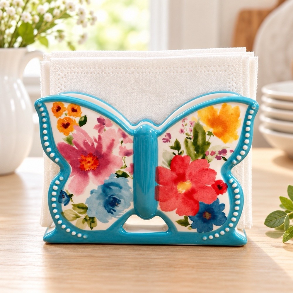 The Pioneer Woman Butterfly Floral Napkin Holder Turquoise Ceramic Kitchen Decor